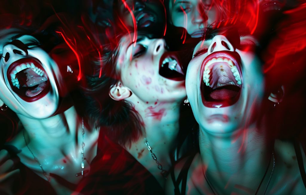 Group of people with intense expressions under red lighting