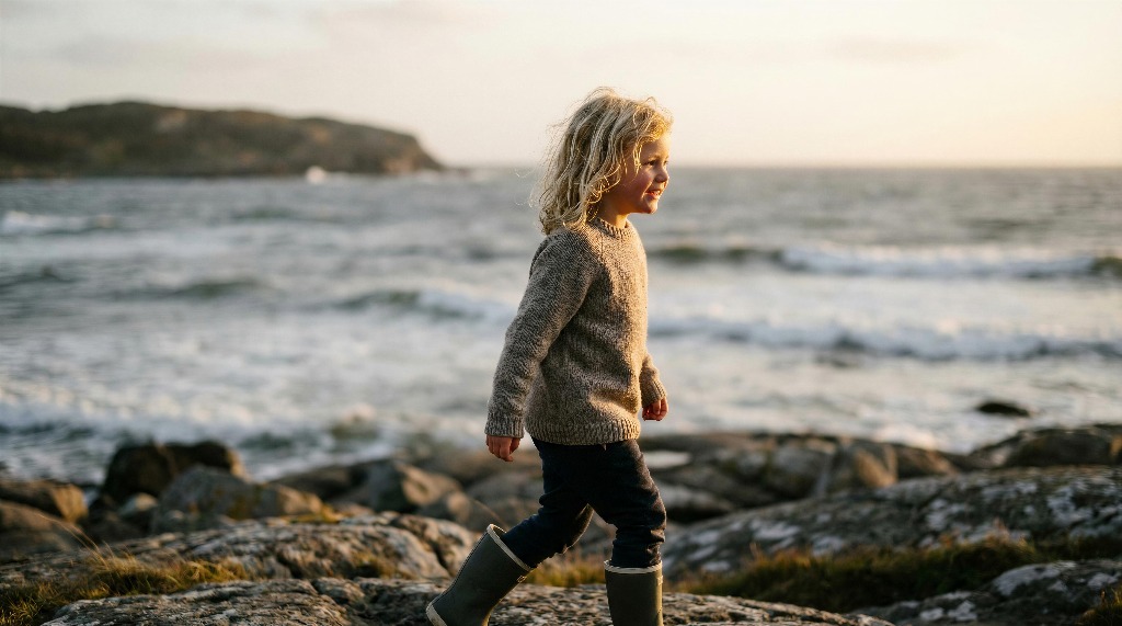 Young child walking on rocky shore near the ocean at sunset.