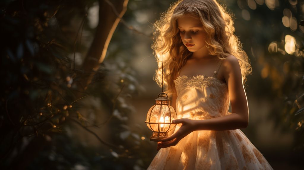 young girl holding star-shaped lantern in whimsical garden.