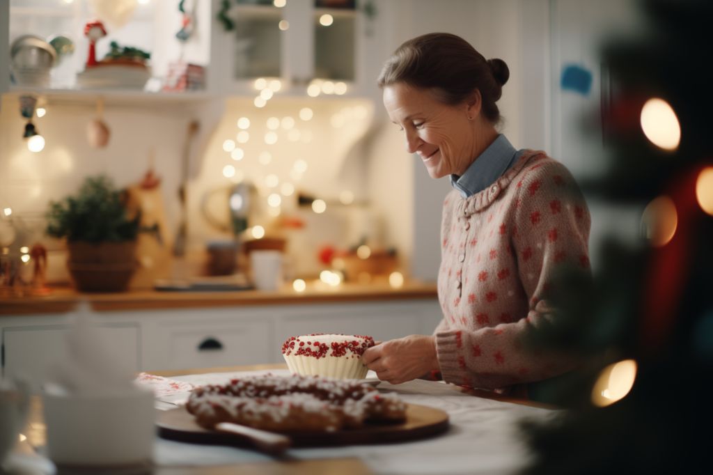 Woman baking christmas cake in modern kitchen