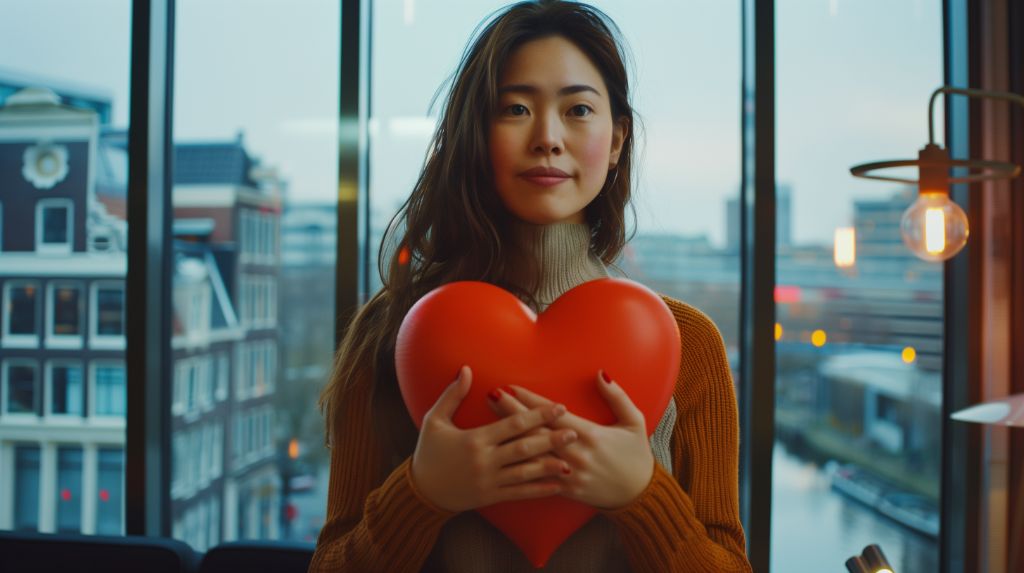 Woman holding a red heart with a cityscape background
