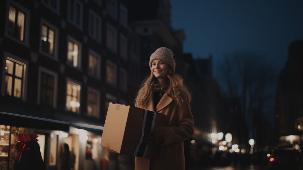 Woman with gift box on vibrant city street - inspirational christmas scene