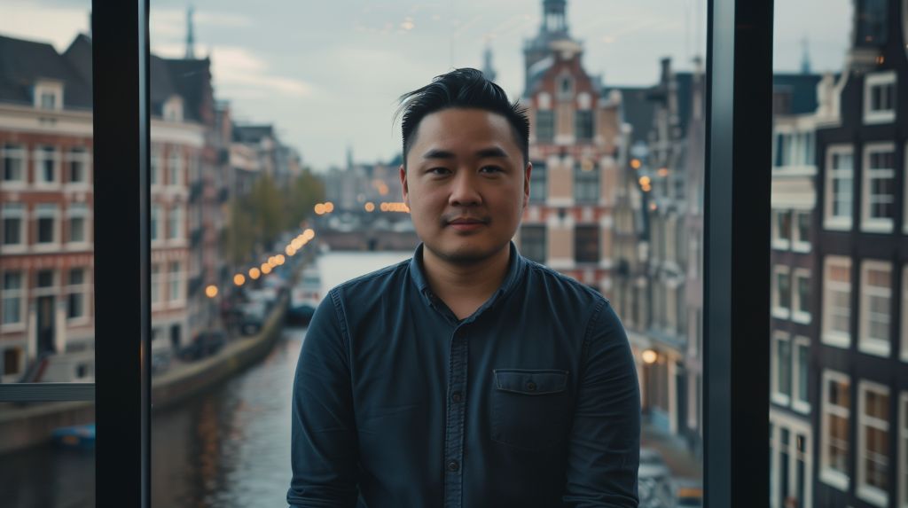 Man standing in front of a window overlooking Amsterdam canals