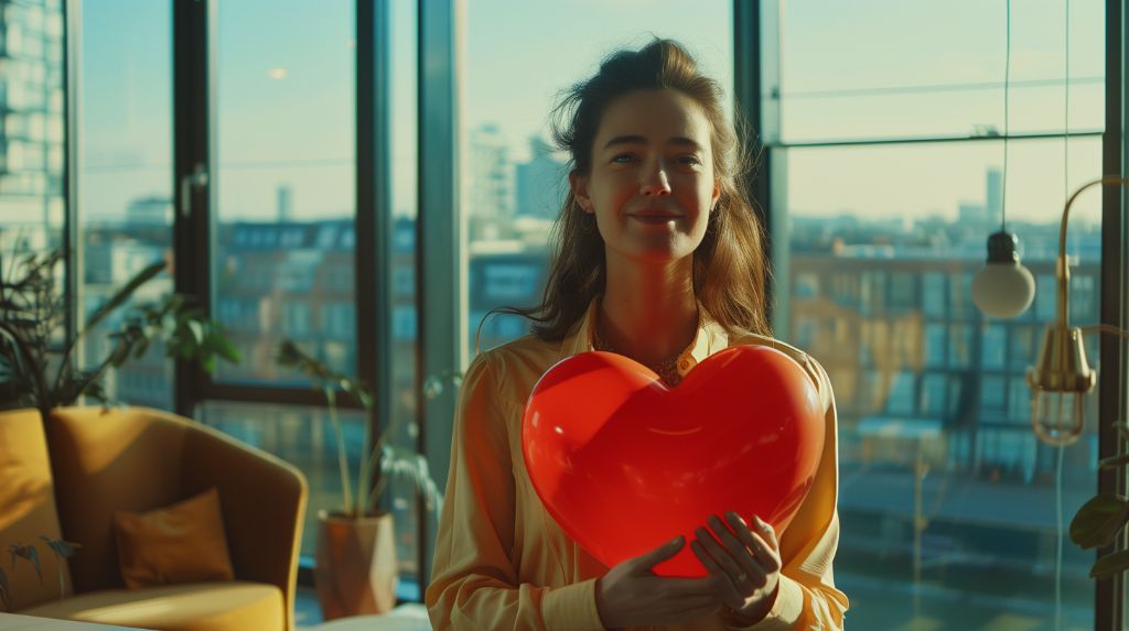 Woman smiling holding a red heart-shaped balloon indoors