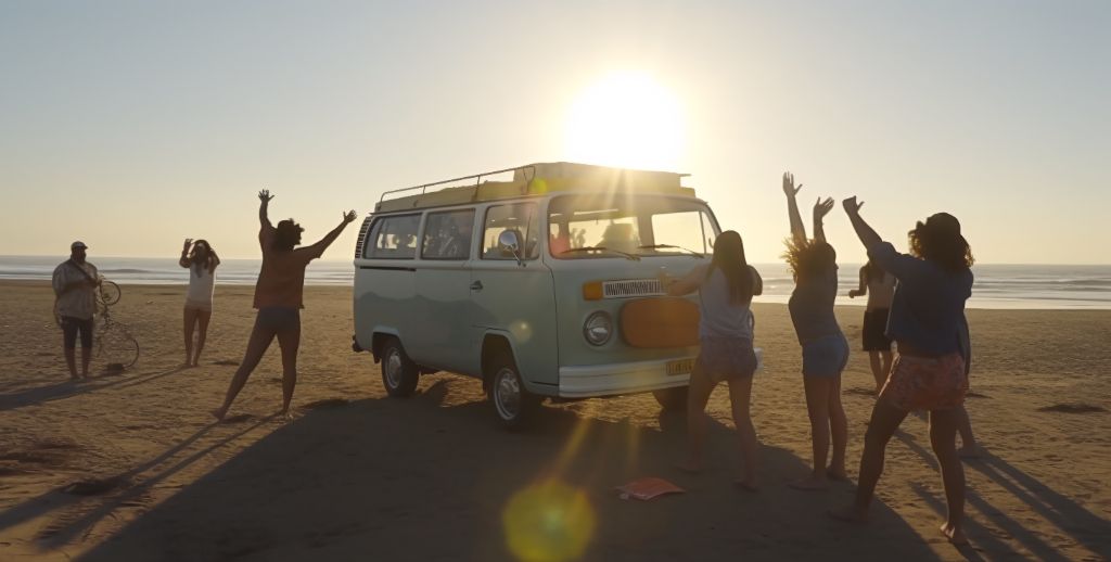 Beach van party at sunset: euphoric group of five
