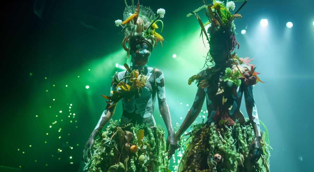 Performers in elaborate nature-inspired costumes on stage