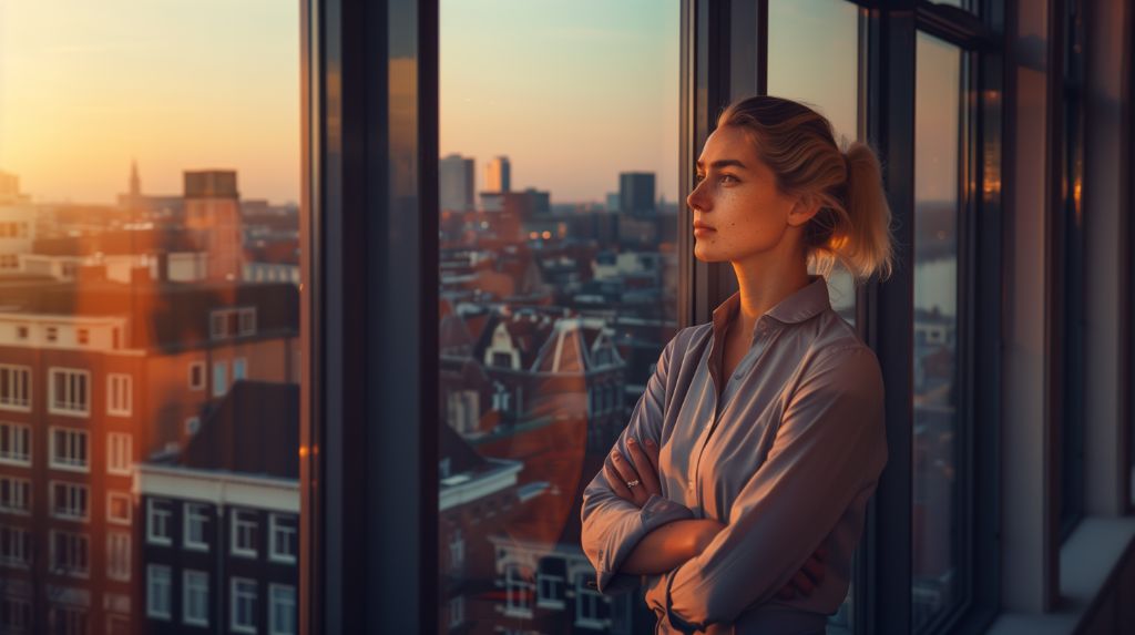 Woman contemplating cityscape at sunset from high-rise building