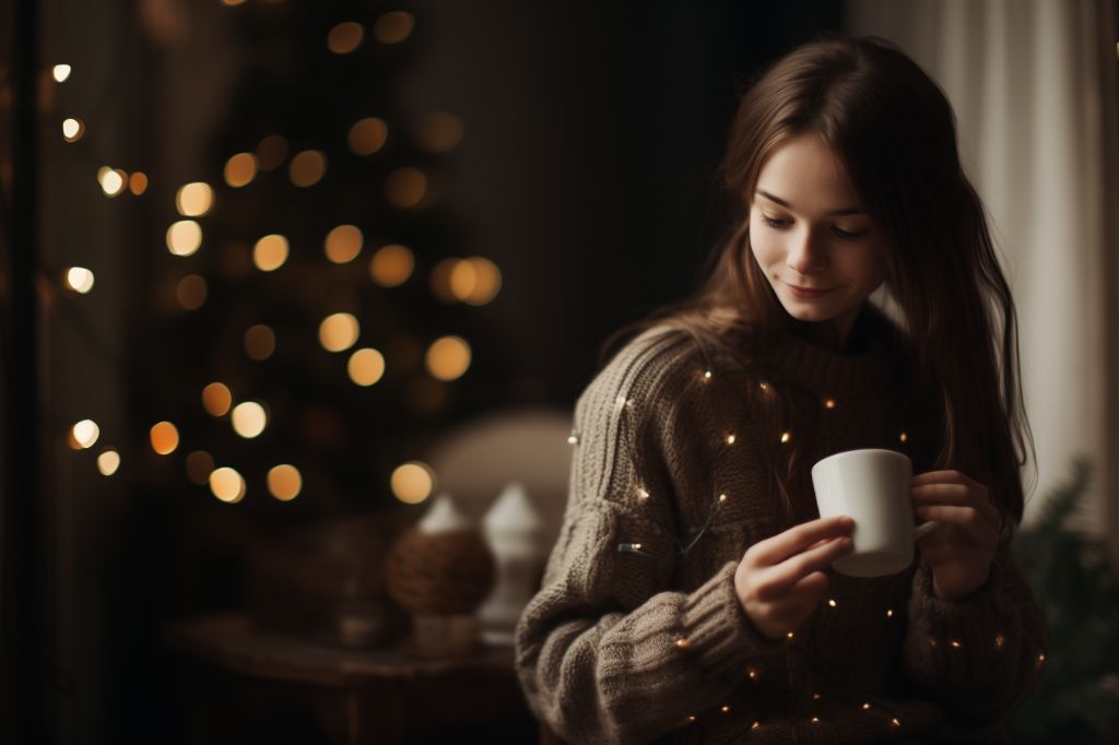 Festive evening: cozy christmas sweater and cocoa in twinkling lights