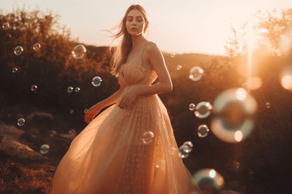 Romantic golden hour: model in flowy dress amidst soap bubbles