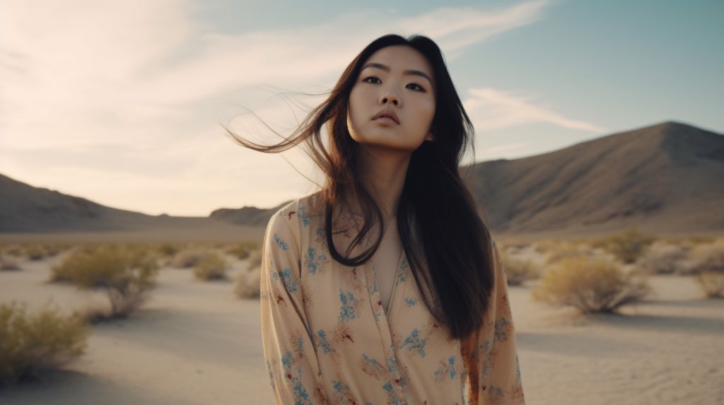 Alternative 60s hippies fashion shoot, woman in desert landscape