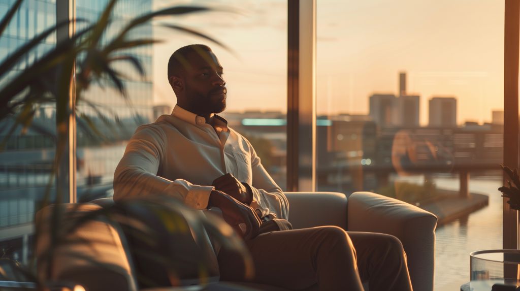 Man in contemplation at sunset in a modern office setting