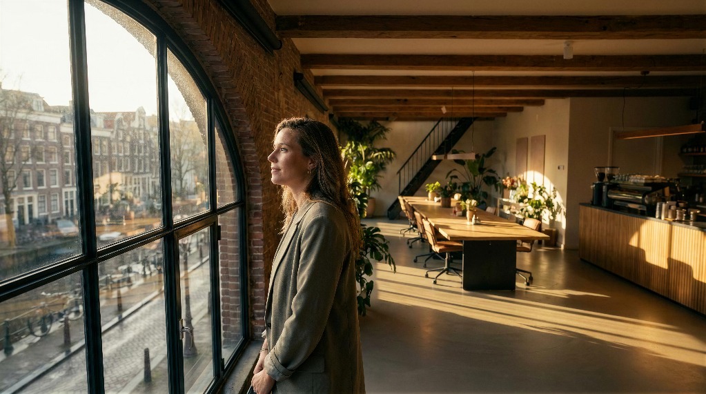 Woman gazing out of a large window in a modern office.