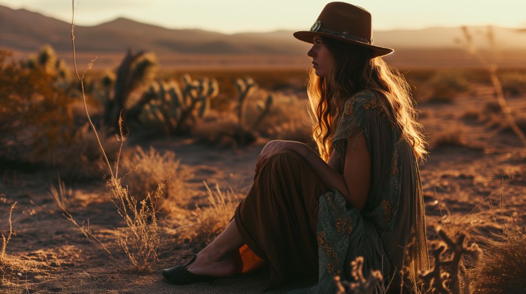 Woman in a hat sitting contemplatively in a desert at sunset