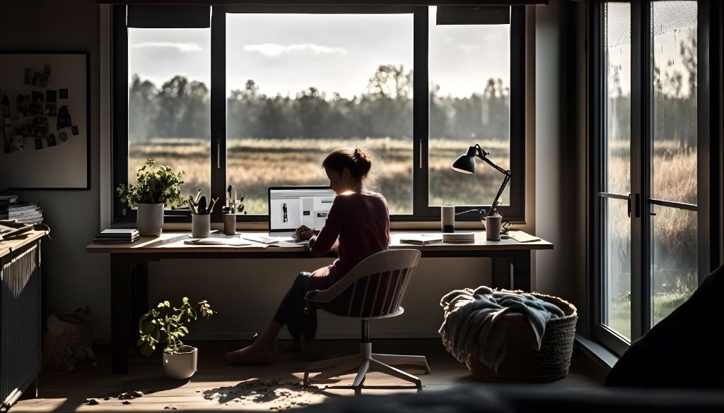 Home workspace: young woman working at home