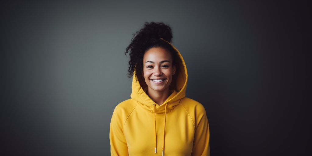 Smiling multiracial girl in yellow hoodie - studio shot