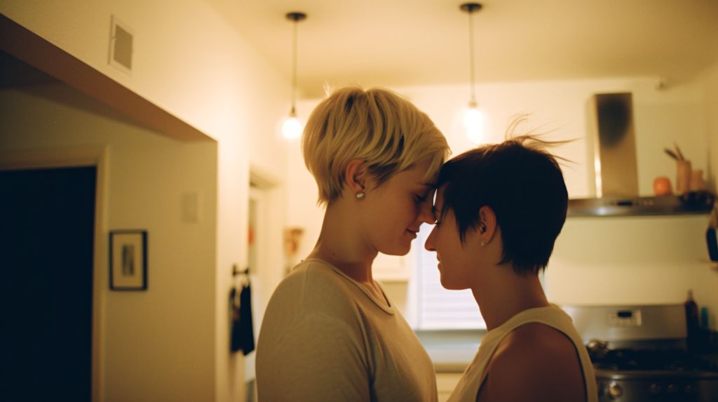 lesbian couple at home wide shot