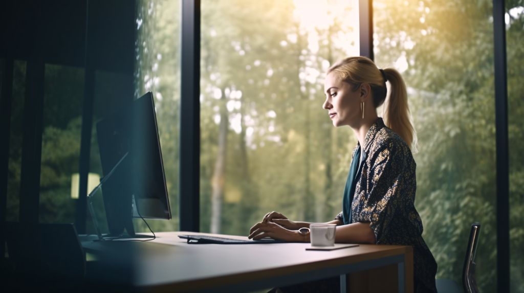 Woman at work: using desktop computer