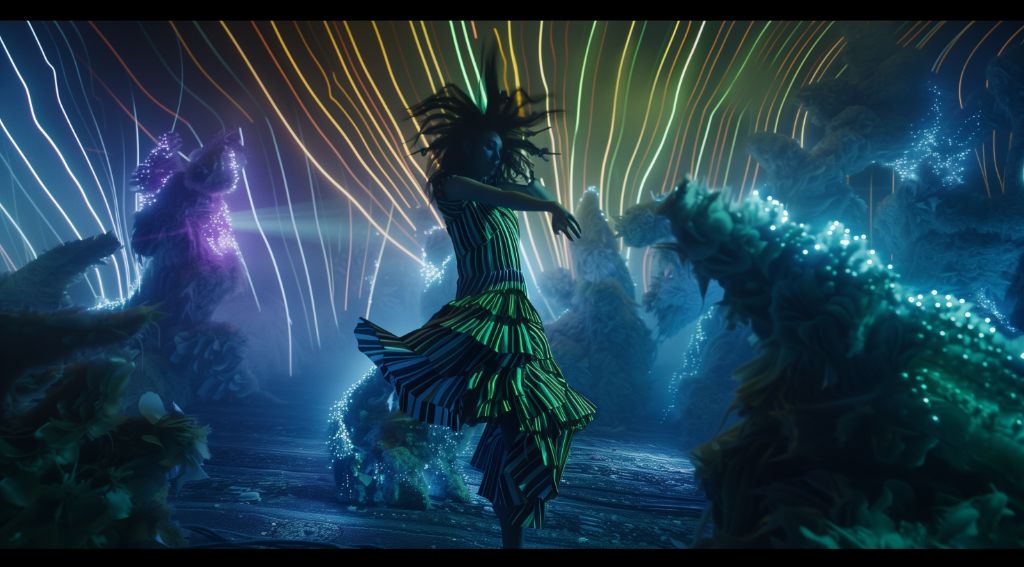 Animated character performing with colorful light beams in a fantasy setting