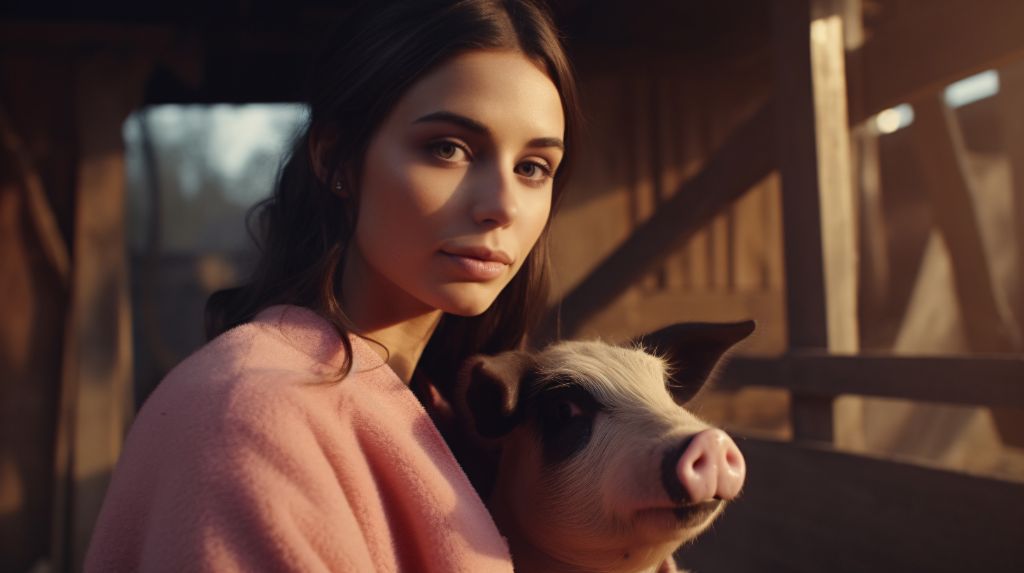 Fashionable model cuddling baby pig