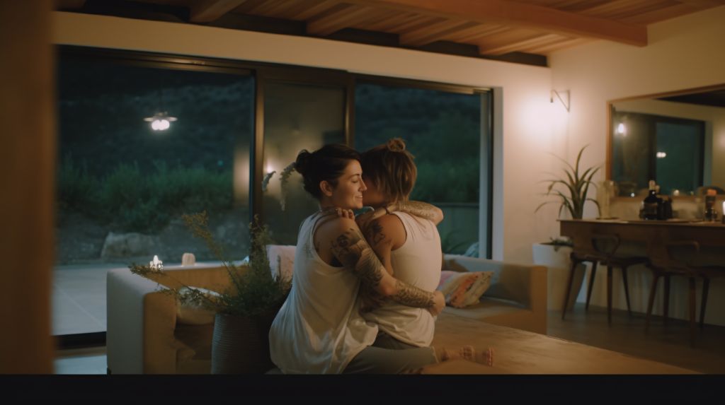 lesbian couple at home wide shot