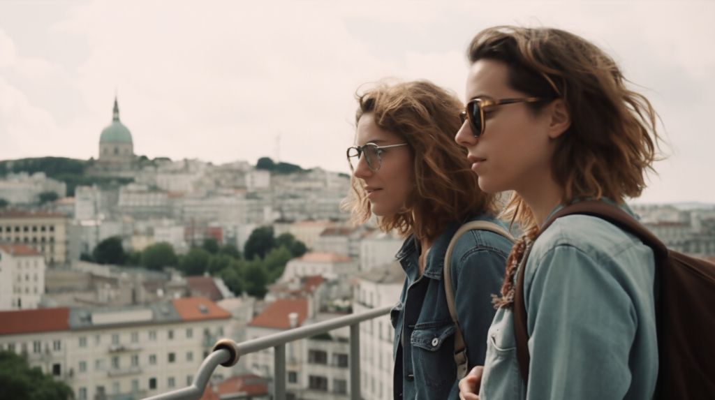lesbian couple exploring new city - medium shot