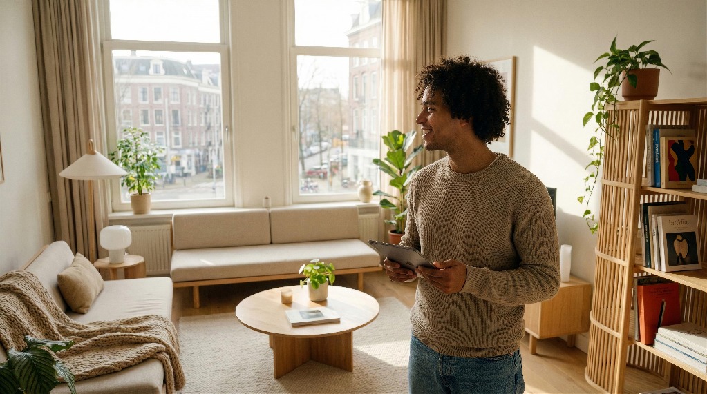 Young man holding a tablet in a sunlit living room.