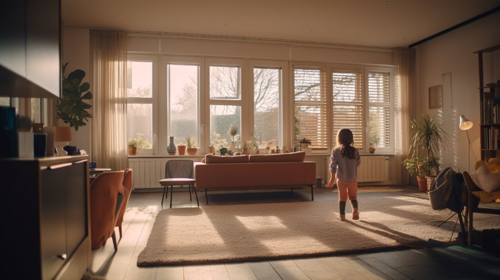 Sunny day fun in living room with large windows