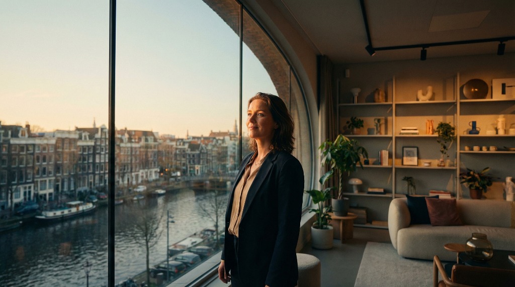Woman gazing out of large window overlooking a canal.