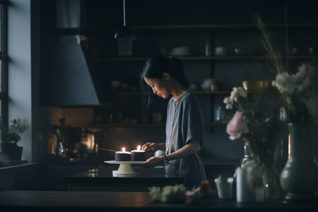 skillful asian woman preparing cake in stylish kitchen