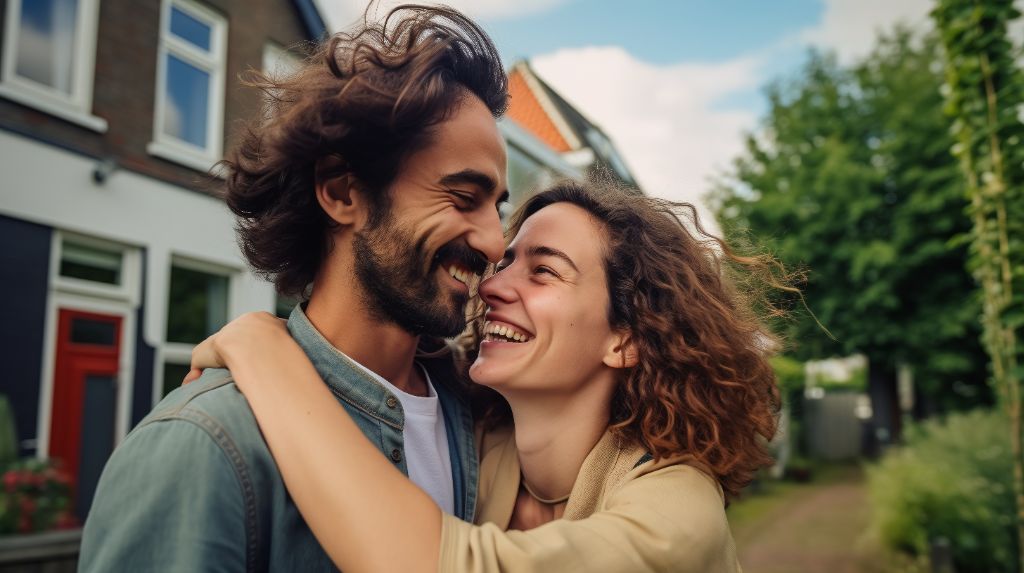 Joyful Dutch couple embracing each other in front of house