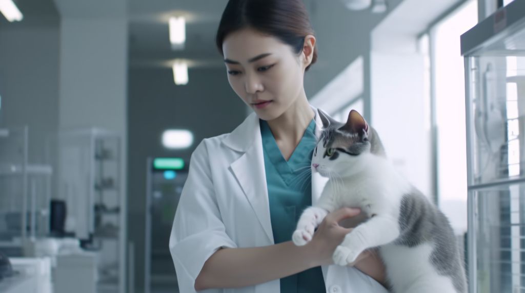 Compassionate asian vet caring for kitten