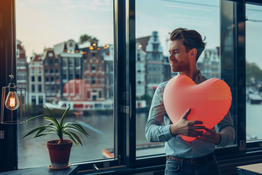Man holding a large heart-shaped object by a window with city view