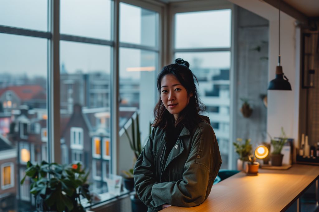 Woman in a cozy apartment with city view at dusk