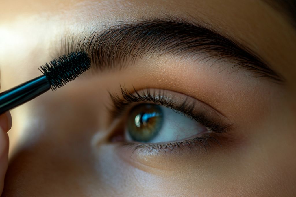 Close-up of an eye with mascara being applied on eyelashes