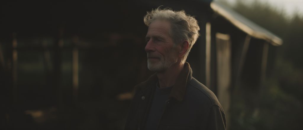 Golden hour portrait: farm man in cinematic depth of field