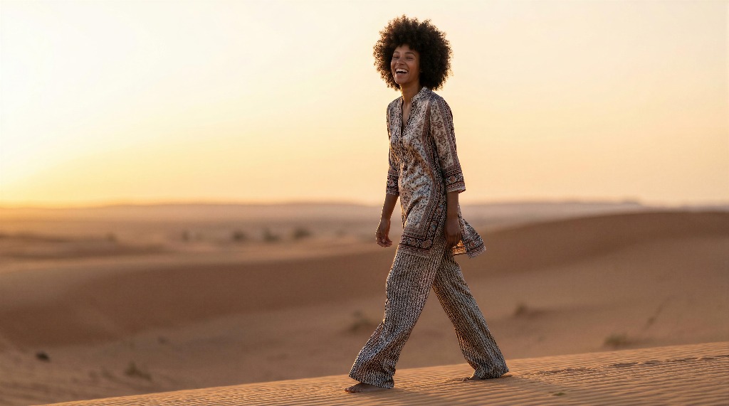 Woman in patterned outfit walking in desert at sunset.