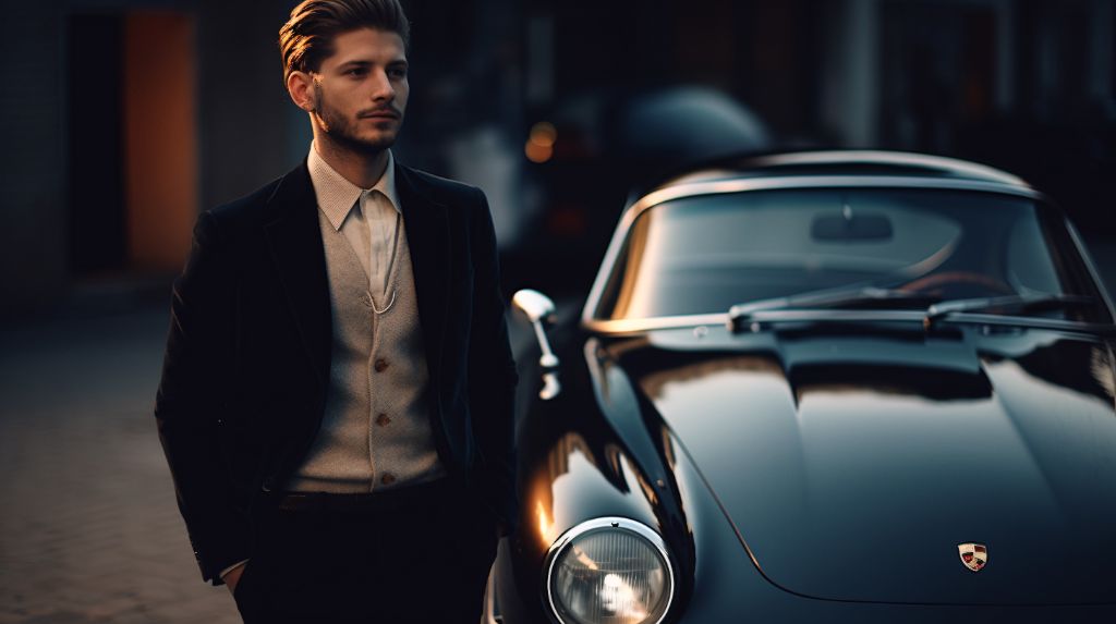 Man in 80s fashion suit standing in front of a vintage car