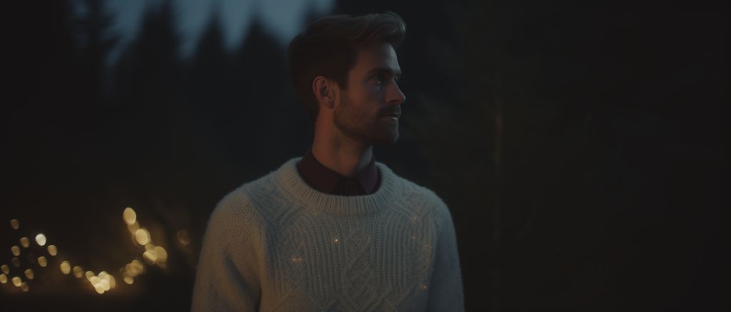 Man in vintage christmas sweater in swedish forest