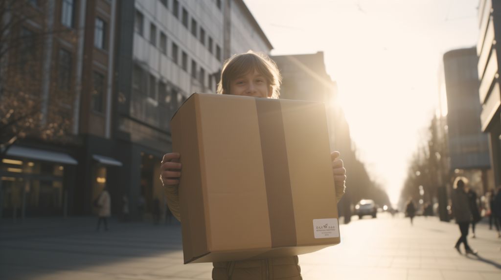 Child holding a large gift box on a vibrant city street