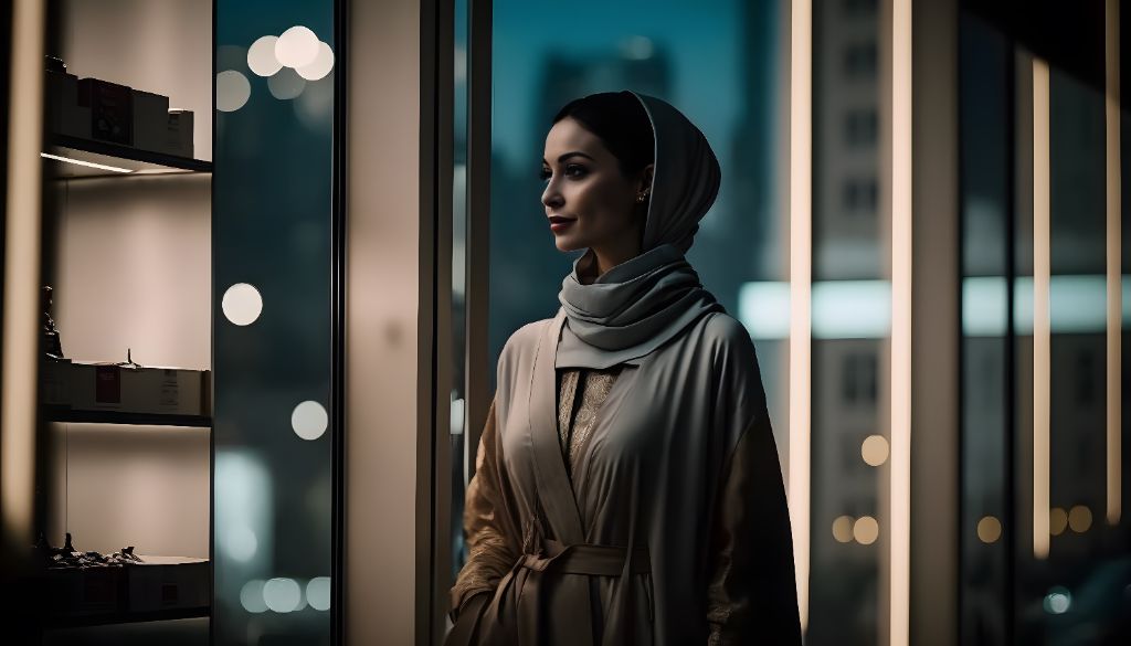 Boutique Sophistication: Middle Eastern Woman in a Sparkling Lights Background