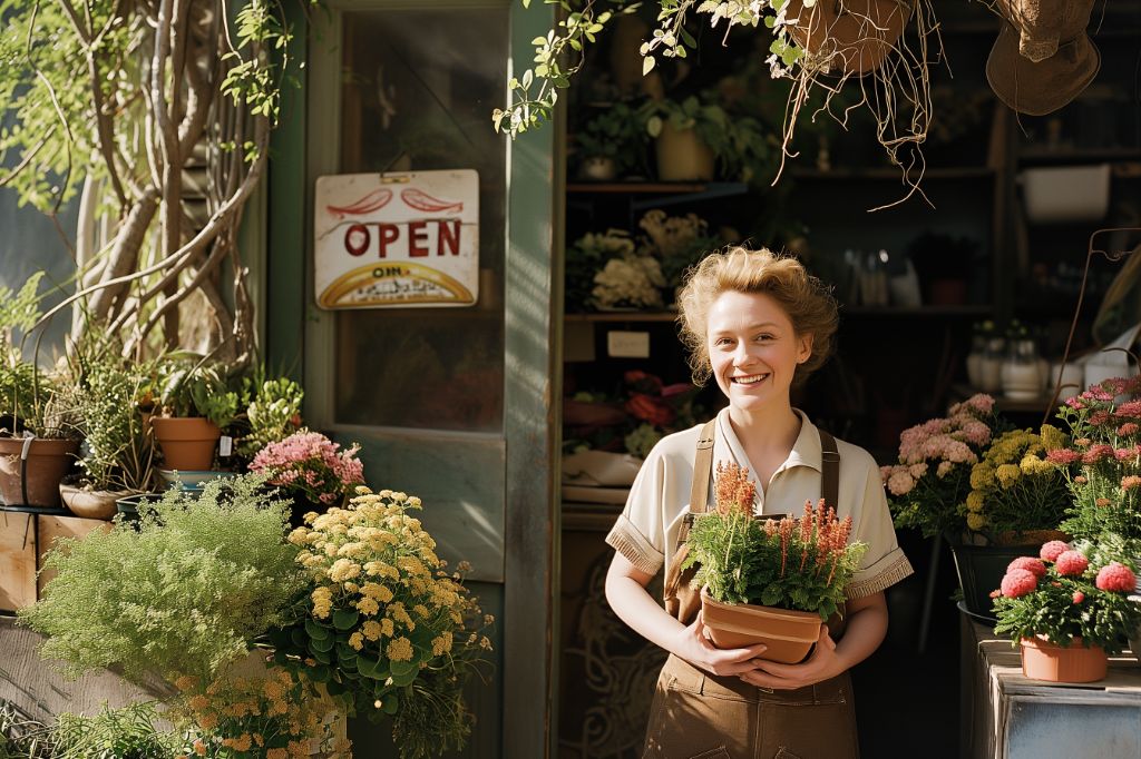 flower shop owner next to "open" sign