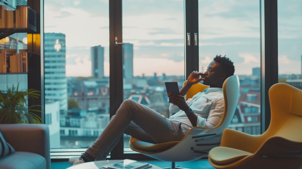 Man relaxing in chair by window, city view at dusk, reading on tablet