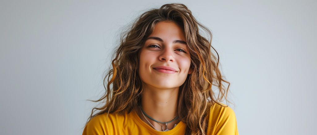 Smiling young woman with curly hair in a yellow top