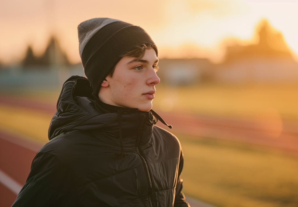 Young man in a beanie and jacket at sunset on a track field