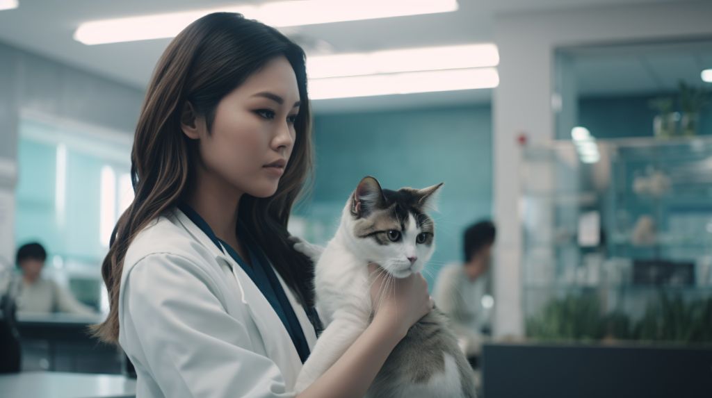 Asian vet caring for kitten