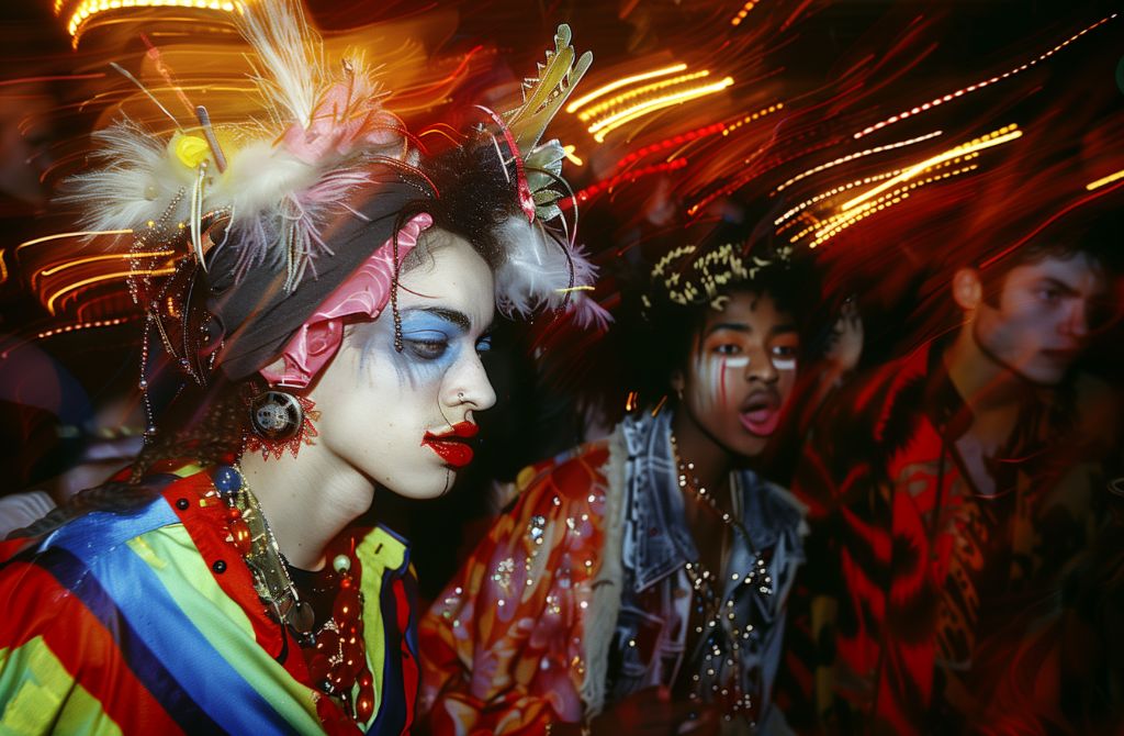 Vibrant party scene with individuals in colorful costumes and makeup