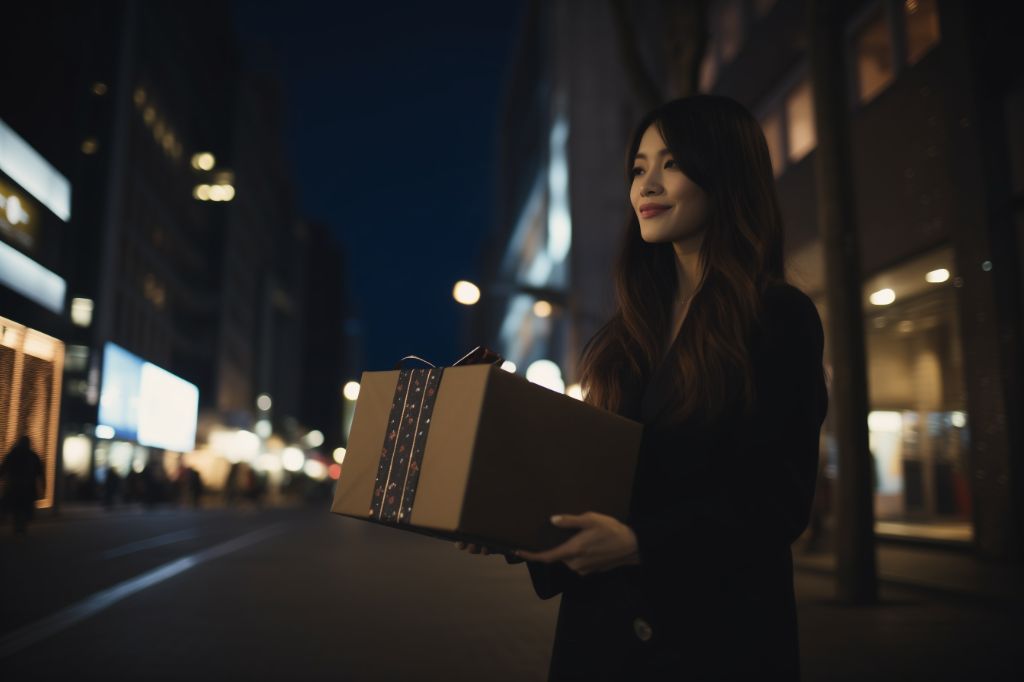 Asian woman with gift box on city street during christmas