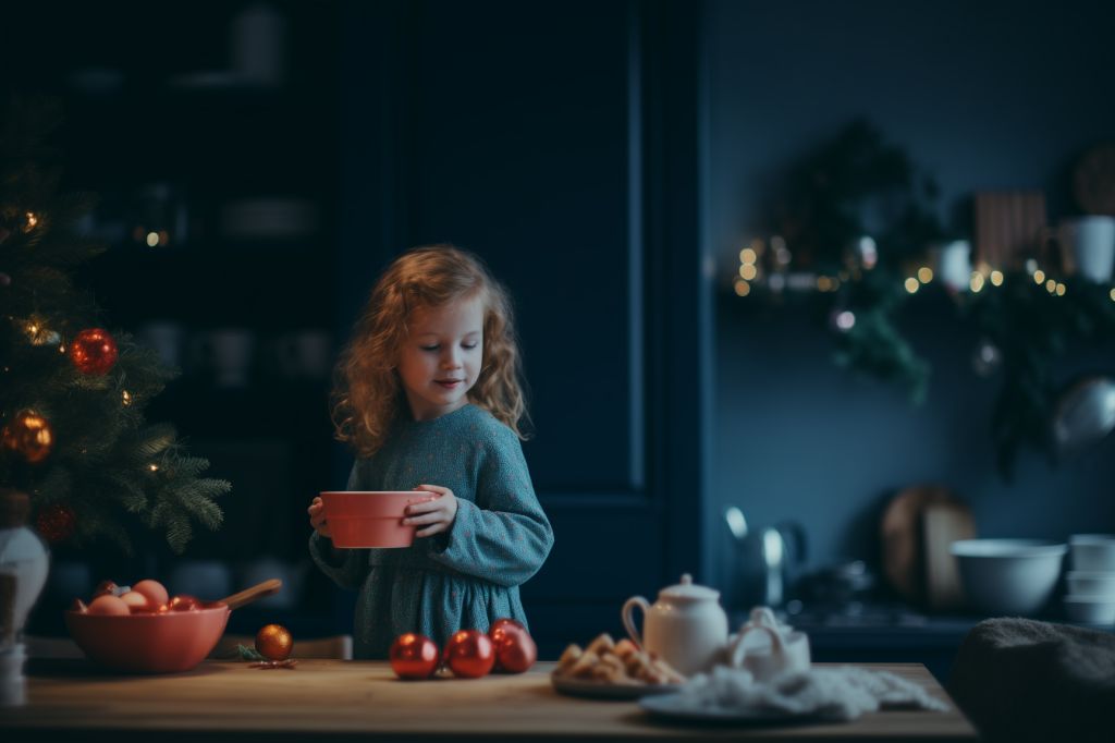 Child playing in the kitchen. Christmas theme