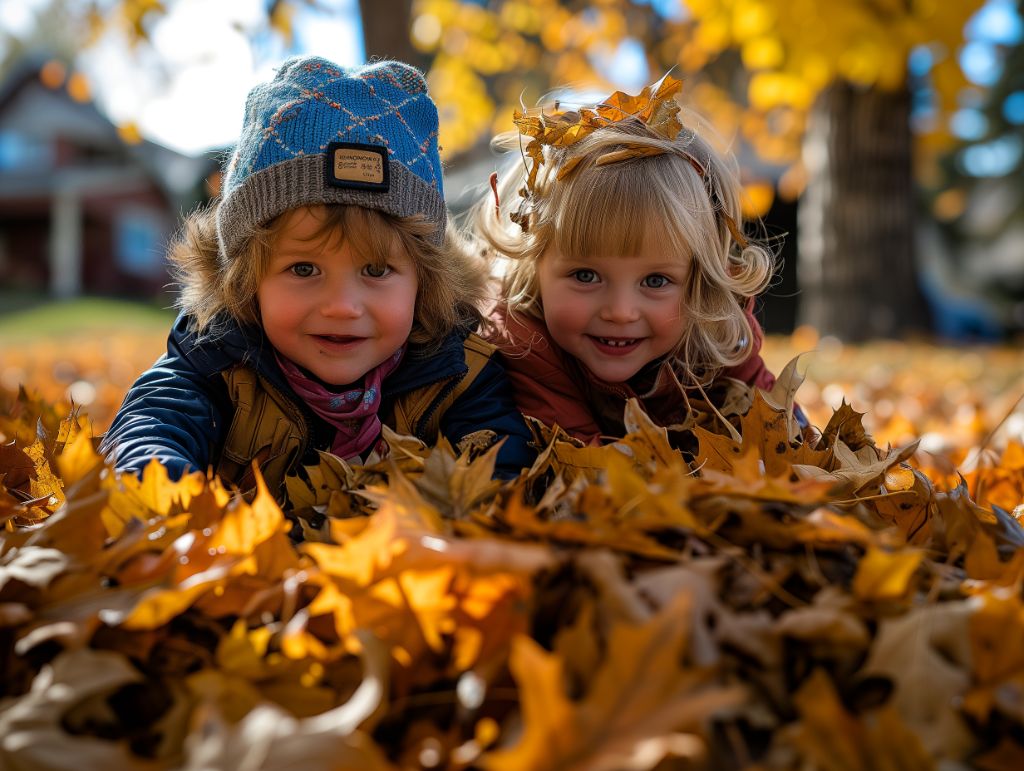 two kids in leaf pile, vibrant colors