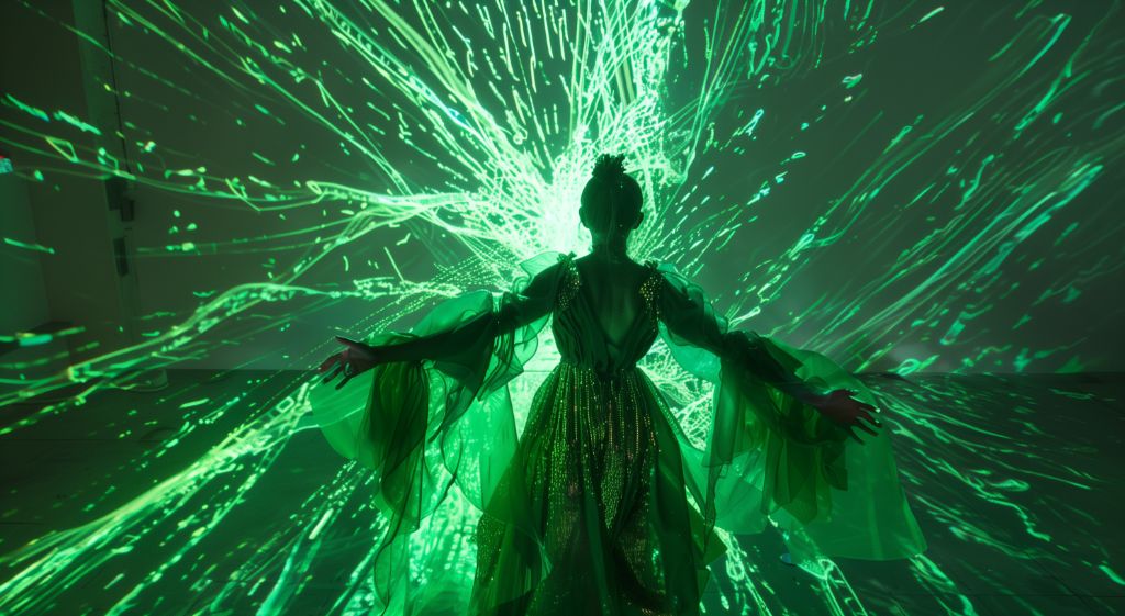 Person in green dress with dynamic light projections